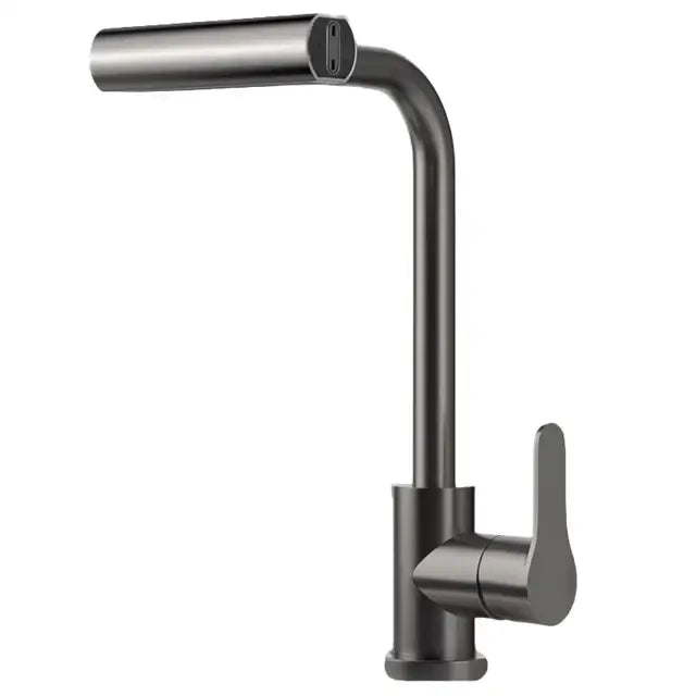 Modern brushed stainless steel kitchen faucet with rotation sprayer and a matte black curved spout and minimalist handle design
