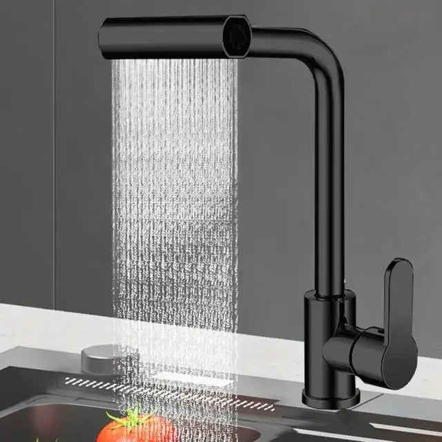 Modern black matte kitchen faucet with waterfall spray and sleek design for decorbites brushed stainless steel kitchens