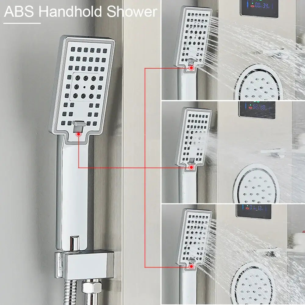Silver ABS handheld showerhead with rectangular LED light face and multiple nozzles for modern shower column spa