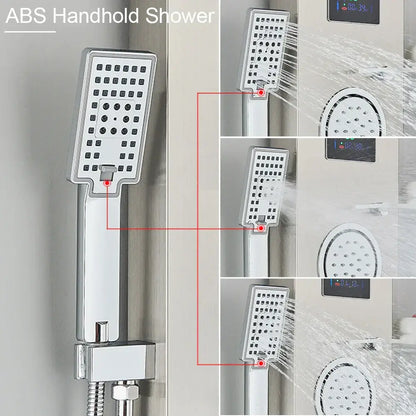 Silver ABS handheld showerhead with rectangular LED light face and multiple nozzles for modern shower column spa