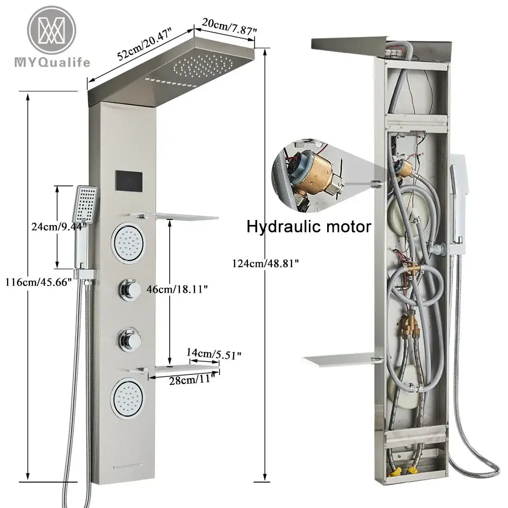 Modern brushed stainless steel led light shower column with rectangular rainhead and multiple control knobs faucet
