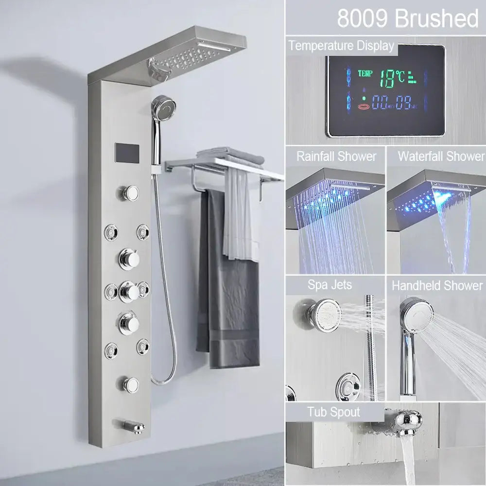 Modern brushed stainless steel led light shower column with multiple spray modes and digital temperature display