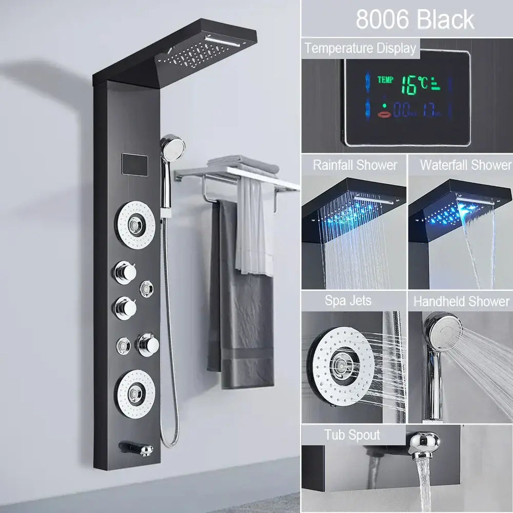 Black 8006 model shower column in brushed stainless steel with LED light, multiple spray heads, and digital temperature display