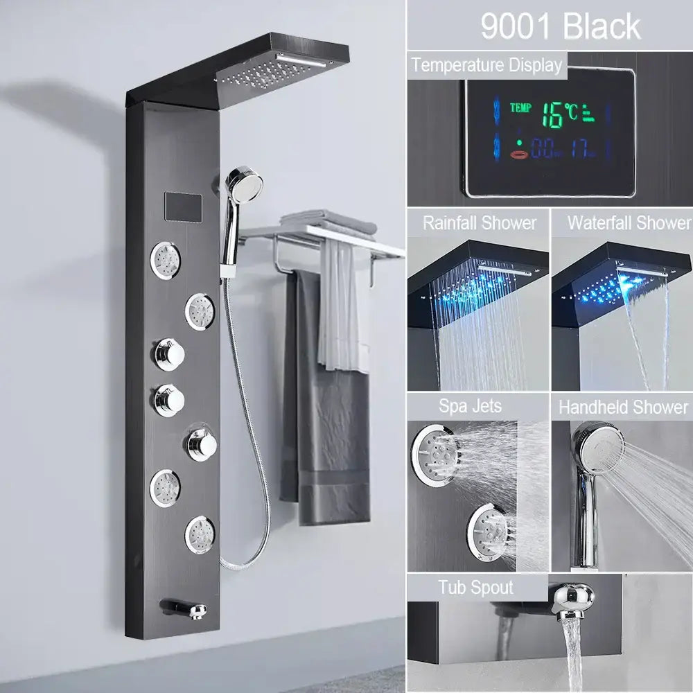 Black 9001 led light shower column with digital temperature display and multiple spray settings in brushed stainless steel