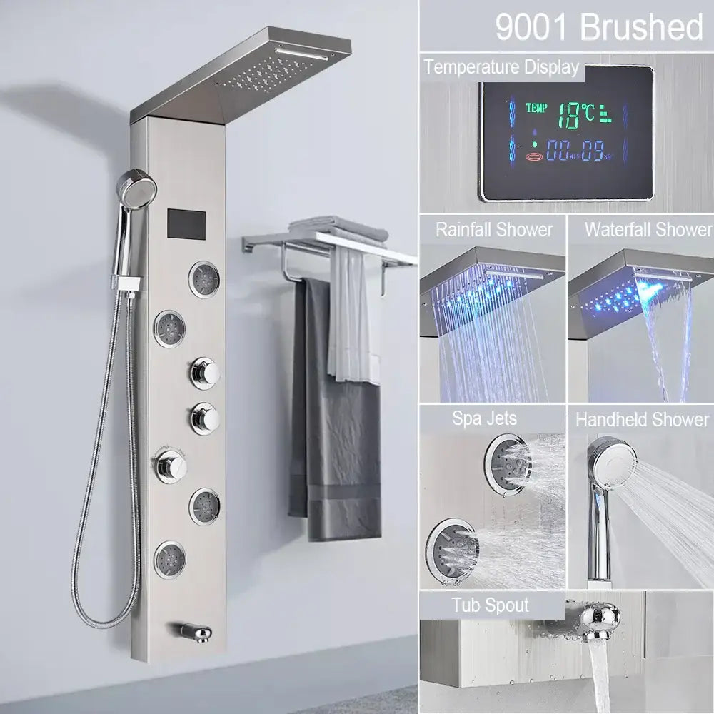 Modern brushed stainless steel shower column with led light, digital temperature display, and multiple spray settings
