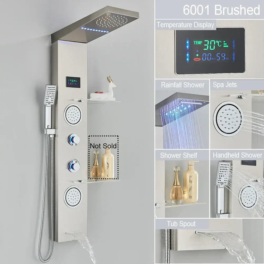 Modern brushed stainless steel led light shower column with digital temperature display and multiple spray settings