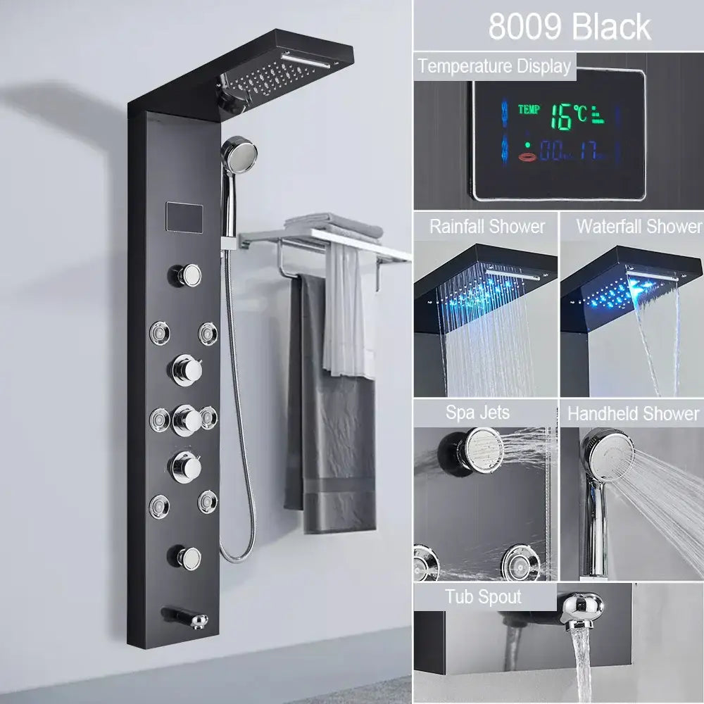 Black 8009 model brushed stainless steel shower column with led light shower faucet and digital temperature display