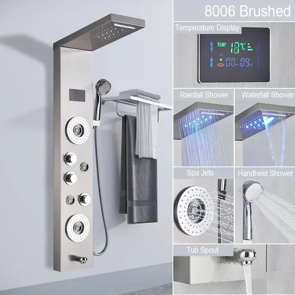 Modern brushed stainless steel led light shower column with multiple spray heads and digital temperature display