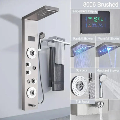 Modern brushed stainless steel led light shower column with multiple spray heads and digital temperature display