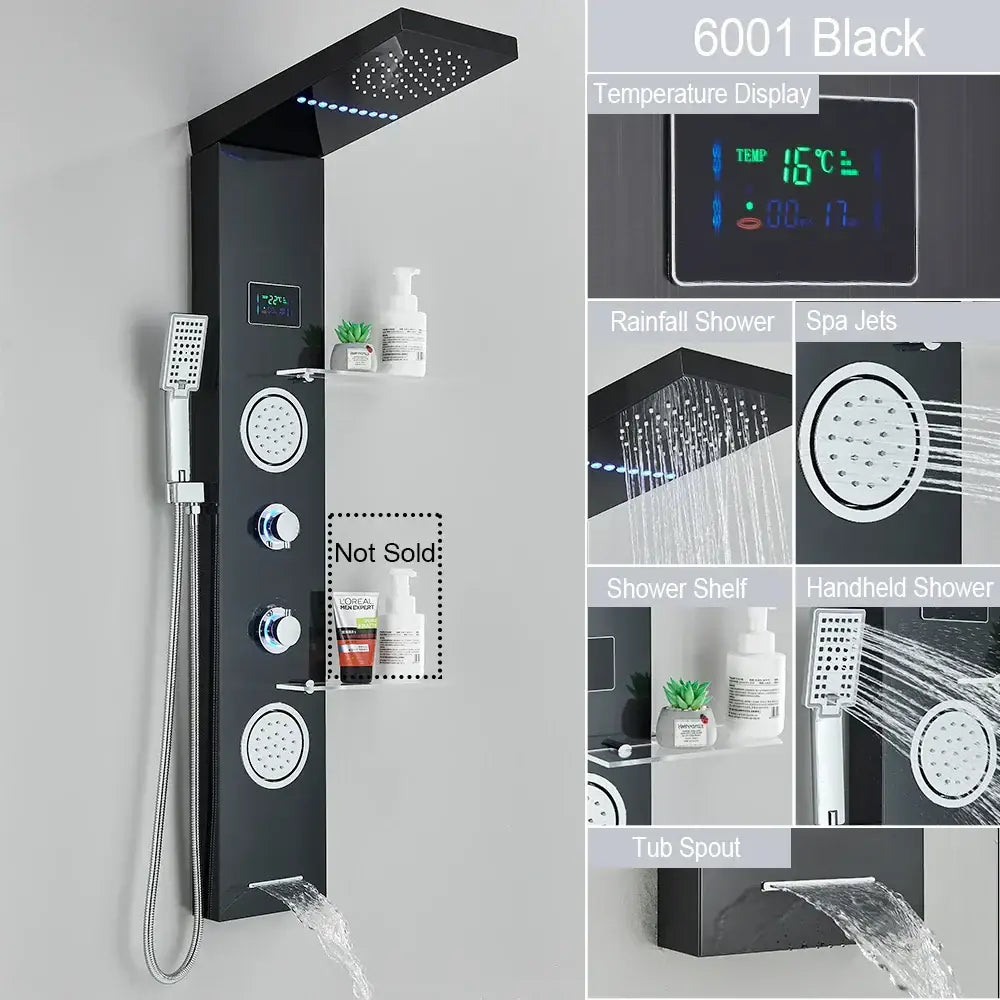 Black 6001 model shower column with led light, digital temperature display, and multiple spray settings in brushed stainless steel