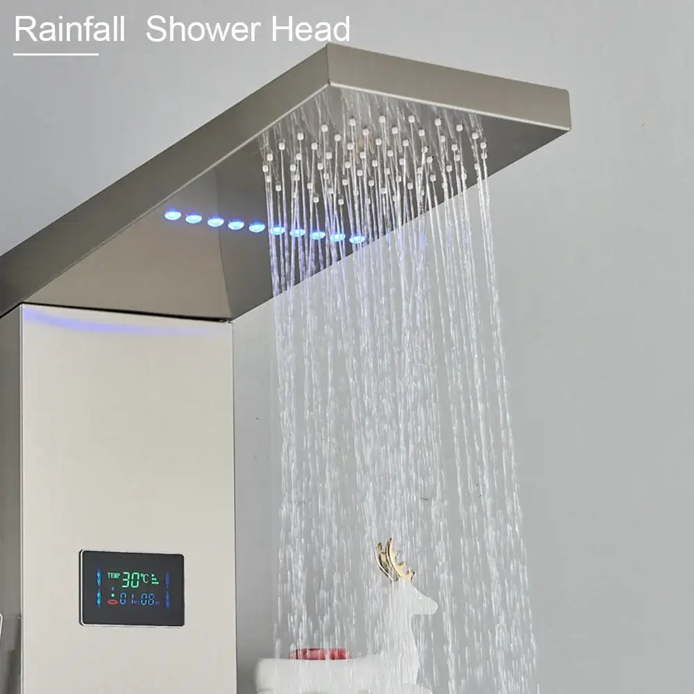 Modern brushed stainless steel shower column with led light rainfall shower head and multiple water jets for spa use