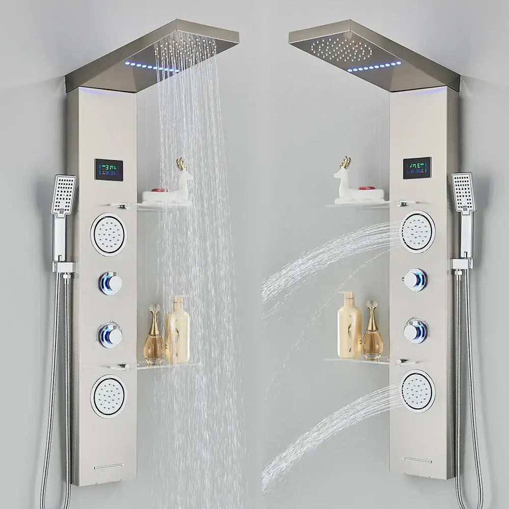 Modern brushed stainless steel shower column with dual head rain shower faucet and integrated led light for spa bathroom