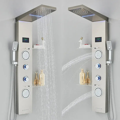 Modern brushed stainless steel shower column with dual head rain shower faucet and integrated led light for spa bathroom