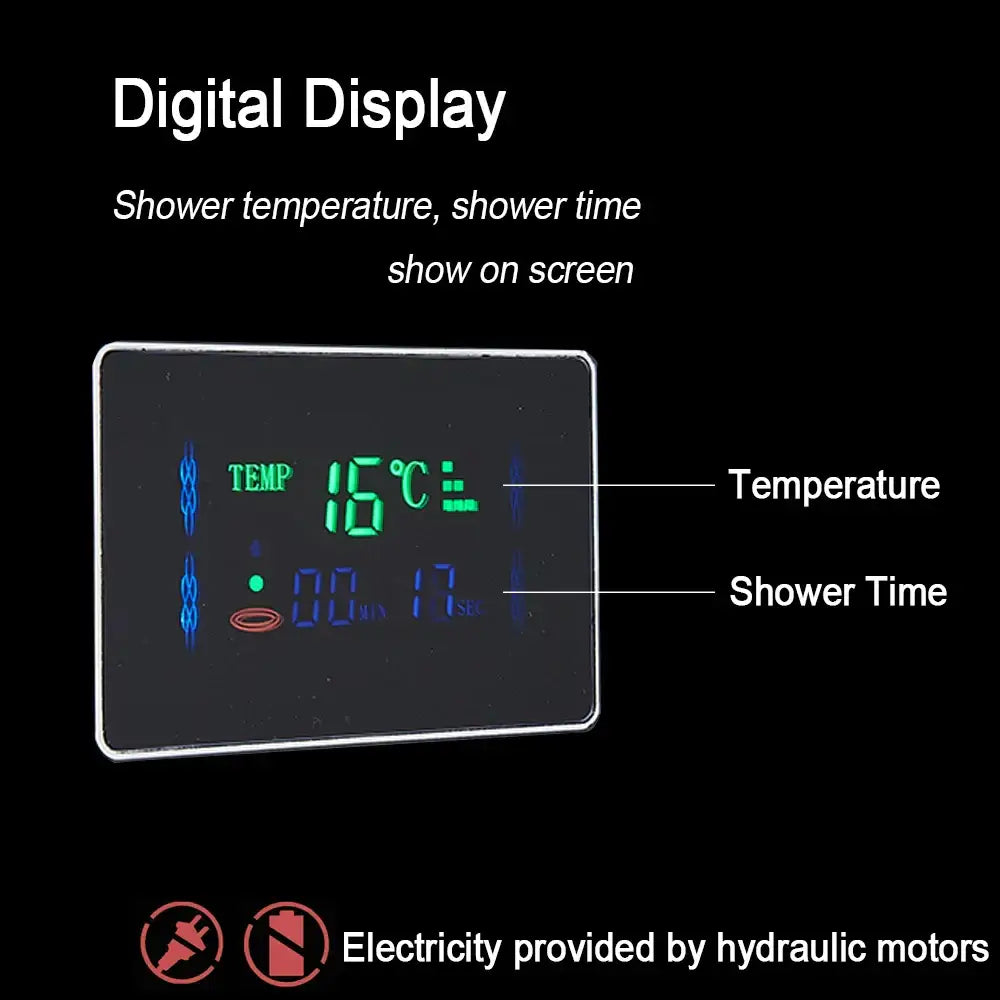 Digital shower temperature and time display showing 16°c in green and blue on modern brushed stainless steel led light shower column