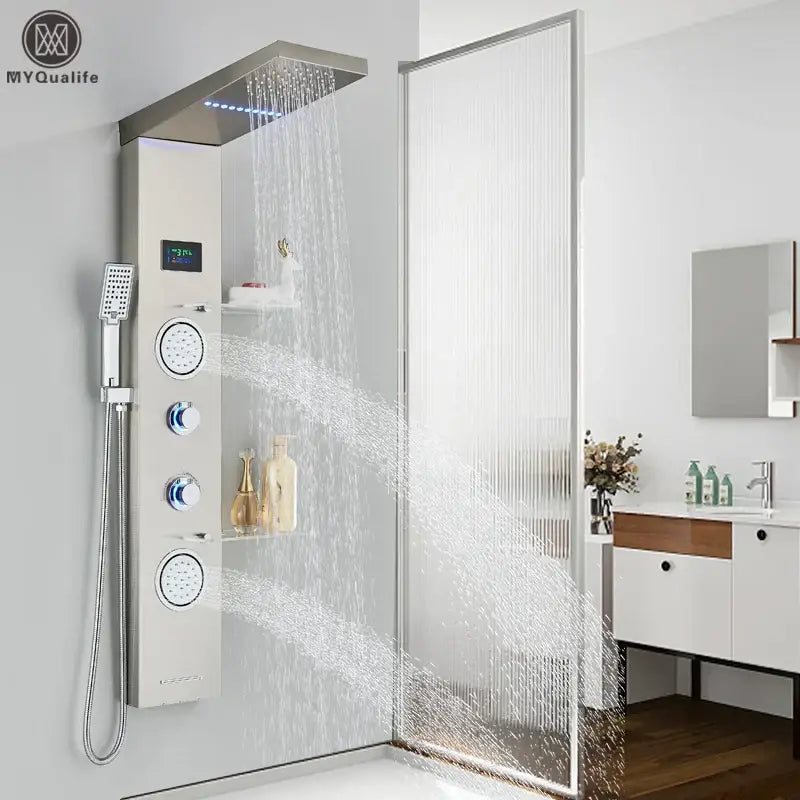 Modern brushed stainless steel led light shower column with large rainhead digital display and multiple control knobs