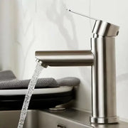 Modern brushed stainless steel single-handle faucet with sleek minimalist design for bathroom basin use
