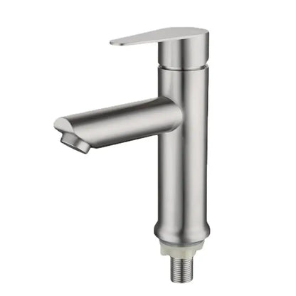 Modern brushed stainless steel single handle bathroom faucet with sleek minimalist design in brushed stainless finish