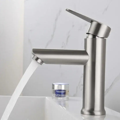 Modern brushed stainless steel single handle bathroom faucet with sleek minimalist design for basin use