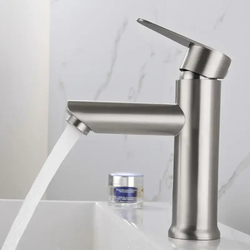 Modern brushed stainless steel single handle bathroom faucet with sleek minimalist design for basin use