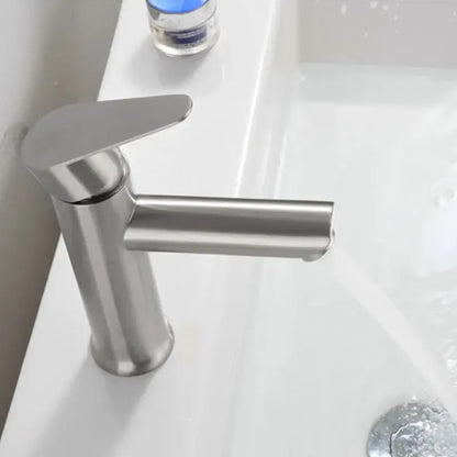 Modern brushed stainless steel single handle faucet with sleek minimalist design for bathroom basin use