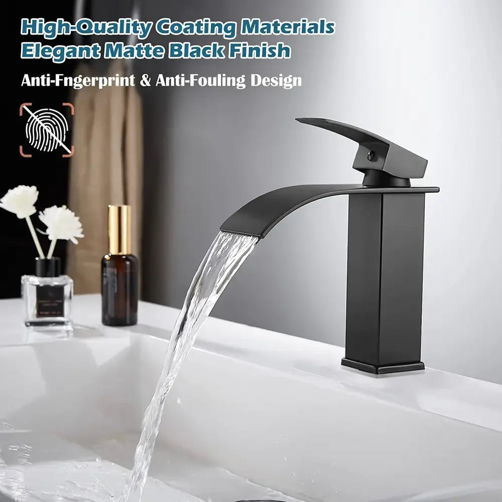Modern brushed stainless steel basin faucet with elegant matte black decorbites brass waterfall design for bathroom tap