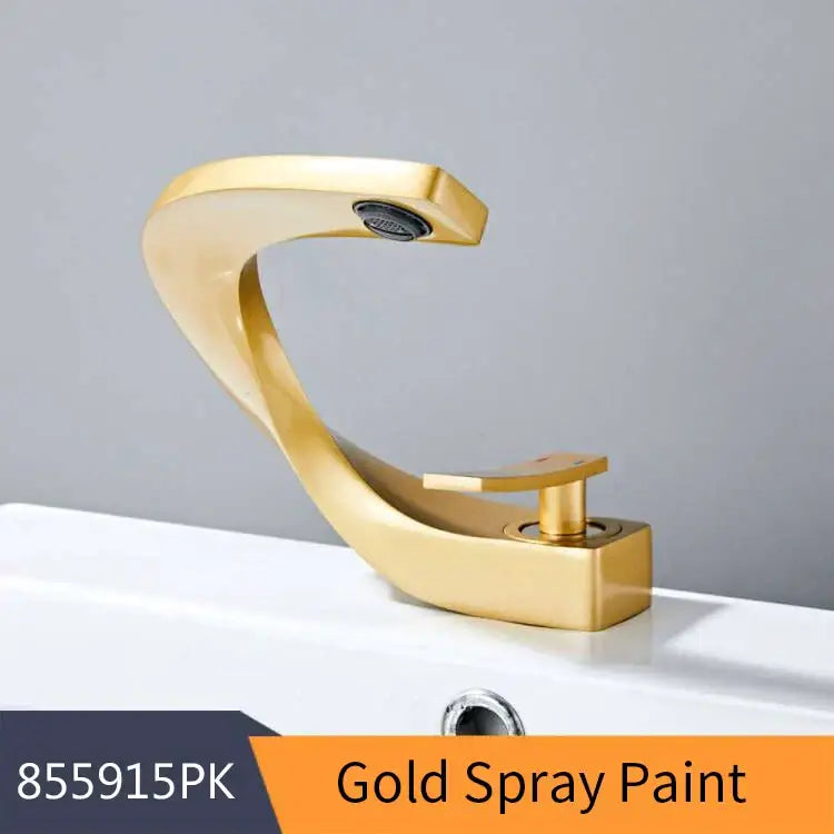 Gold-finished modern brushed stainless steel waterfall basin faucet with sleek curved design for decorbites basin faucet use