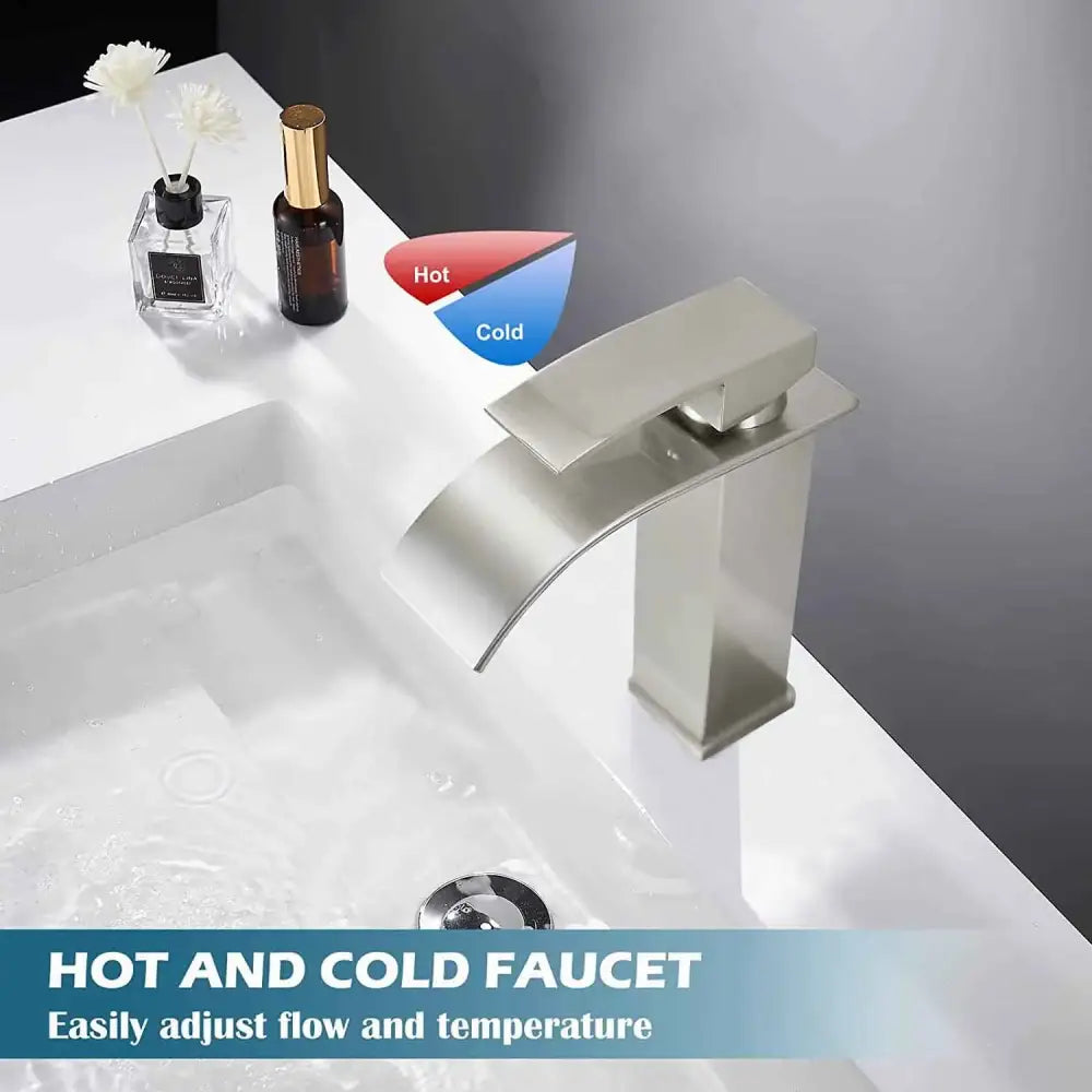 Modern brushed stainless steel basin faucet with sleek curved spout and rectangular base decorbites brass waterfall design
