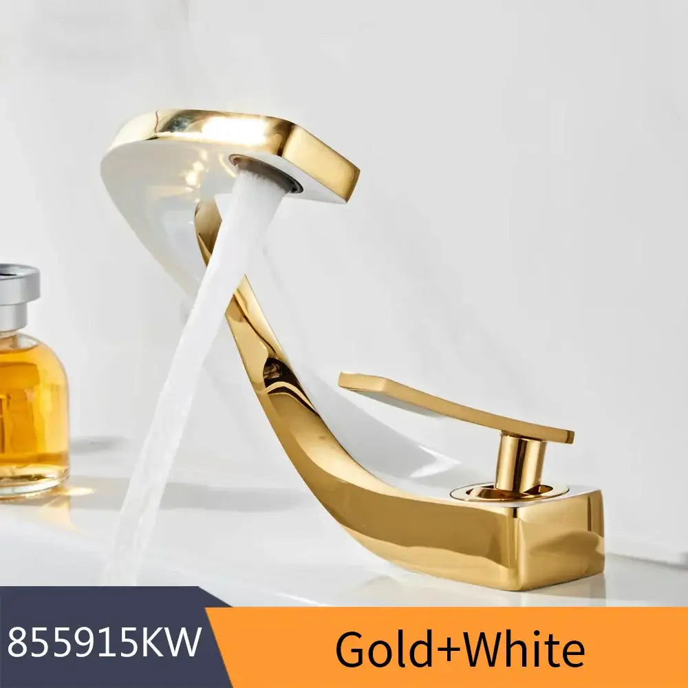 Modern brushed stainless steel decorbites basin faucet with gold and white waterfall design for bathroom use