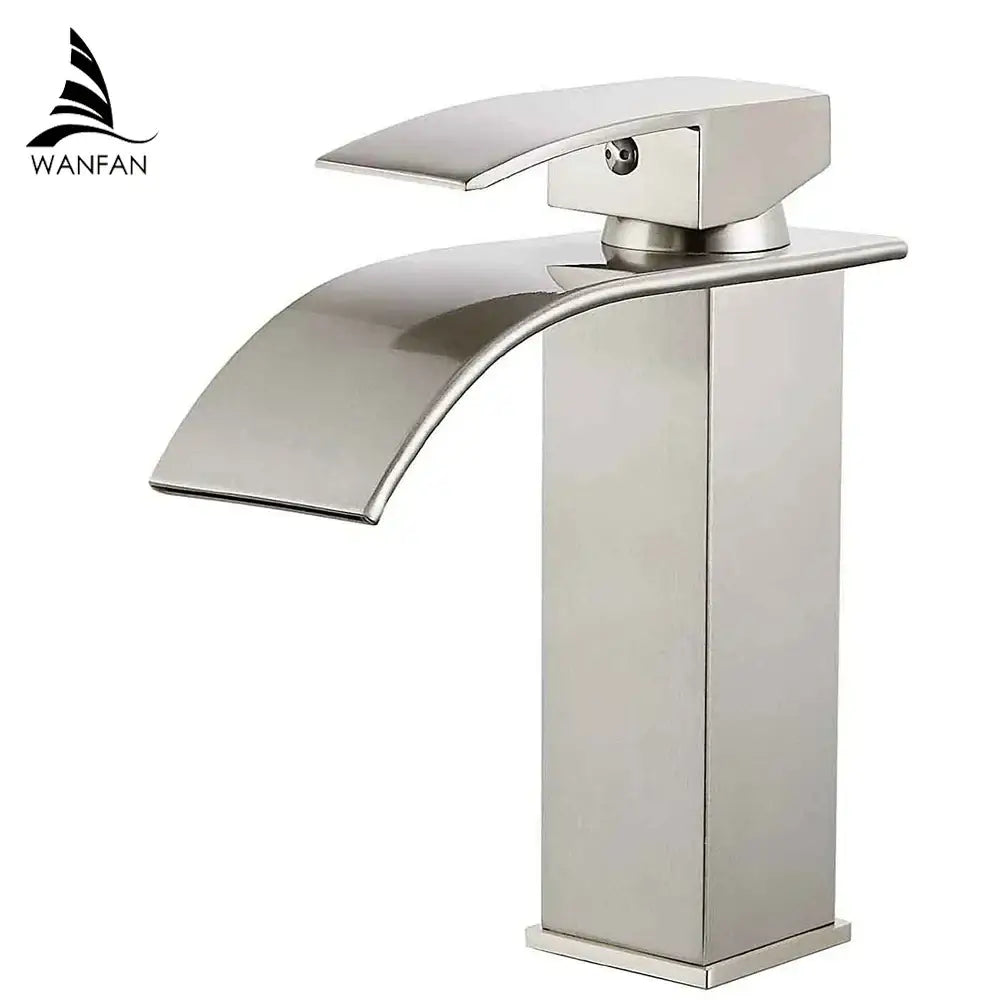 Modern brushed stainless steel waterfall basin faucet with sleek design and decorbites brass waterfall finish