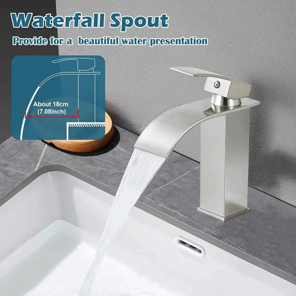 Modern brushed stainless steel basin faucet with sleek curved flow and decorbites brass waterfall basin design