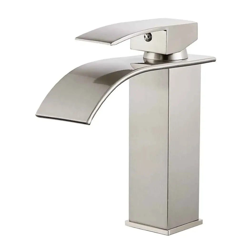 Modern brushed stainless steel basin faucet with sleek curved spout and rectangular base brass waterfall basin tap