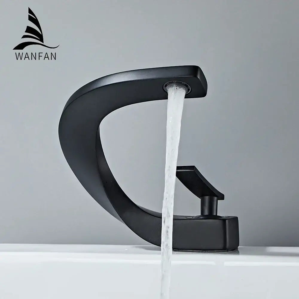 Modern brushed stainless steel decorbites basin faucet with black matte finish and sleek curved design for bathroom tap