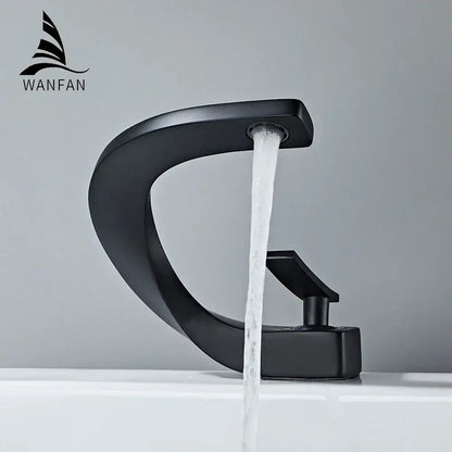 Modern brushed stainless steel decorbites basin faucet with black matte finish and sleek curved design for bathroom tap