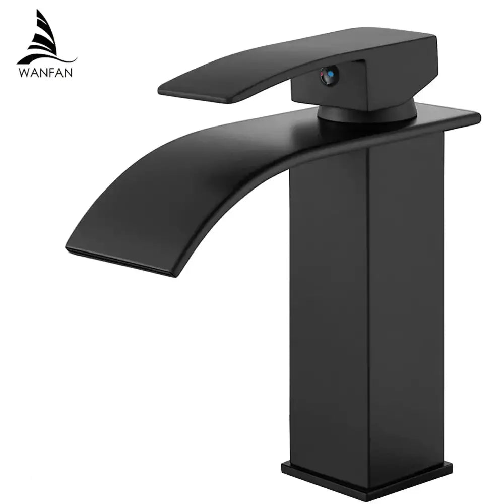 Modern brushed stainless steel basin faucet with black matte decorbites brass waterfall design and rectangular base