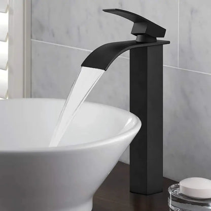 Modern brushed stainless steel basin faucet with black matte finish and sleek decorbites brass waterfall design
