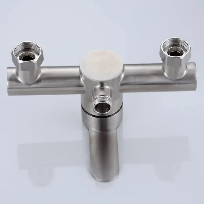Stainless steel dual-handle faucet with polished finish for modern brushed stainless steel and white ceramic shower mixer bathroom