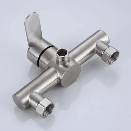 Modern brushed stainless steel shower mixer valve with white ceramic accents and three threaded outlets for bathroom use