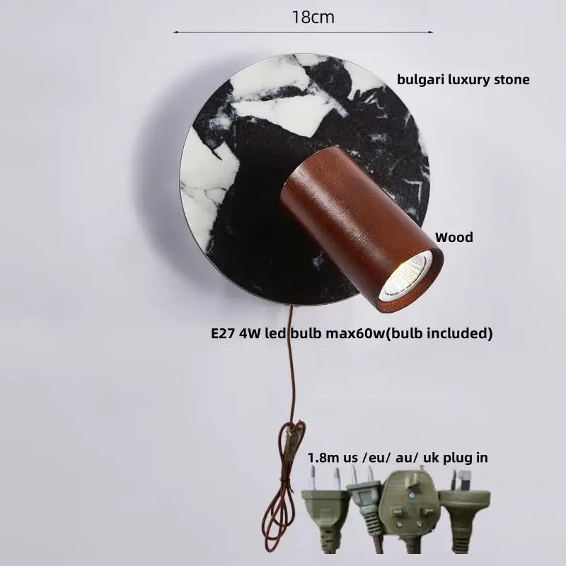 Modern bulgari stone led wall lights featuring a circular black and white marble base and warm brown wooden lamp head for bedroom decorbites wall lights