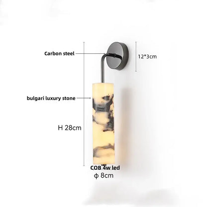 A modern bulgari stone led wall light with polished carbon steel bracket and beige swirling alabaster shade for bedroom decor