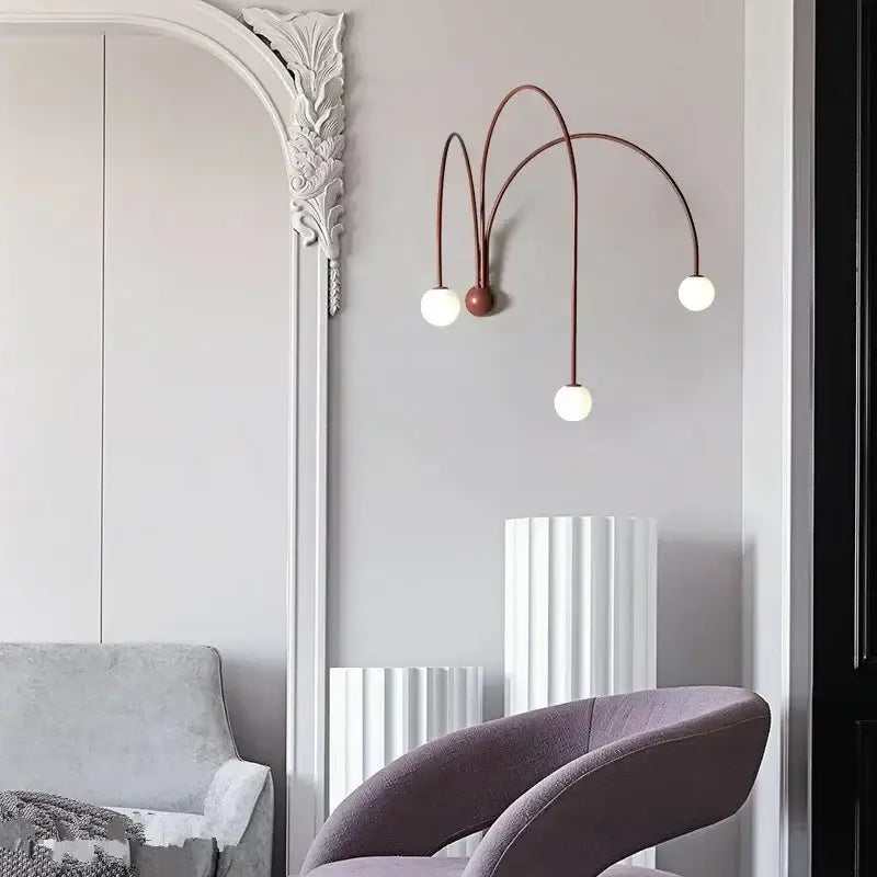 Modern burgundy iron glass led wall light with three copper-toned curved arms and white bulbs for living room decorbites iron glass
