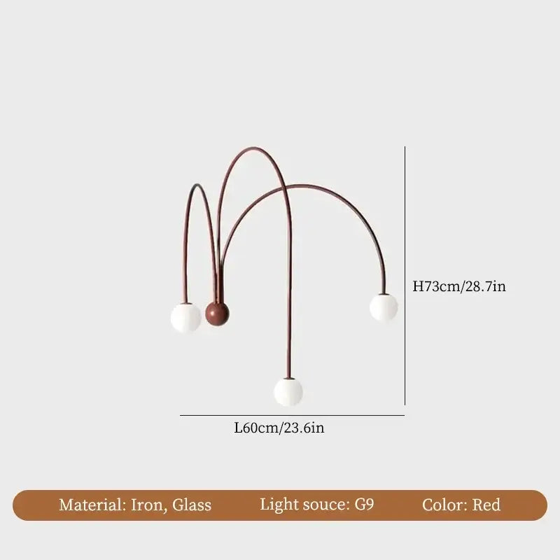 Modern burgundy iron glass led wall light with three curved arms and spherical bulbs for living room decorbites iron glass