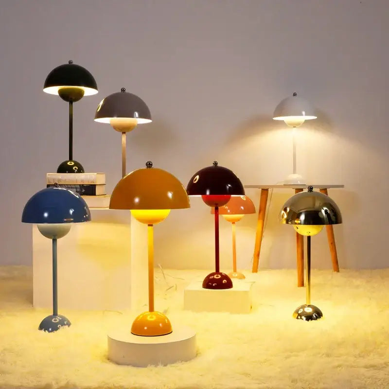 Modern burgundy iron mushroom shape macaron table lamp in vibrant colors with metallic finishes for bedroom decorbites iron mushroom shape