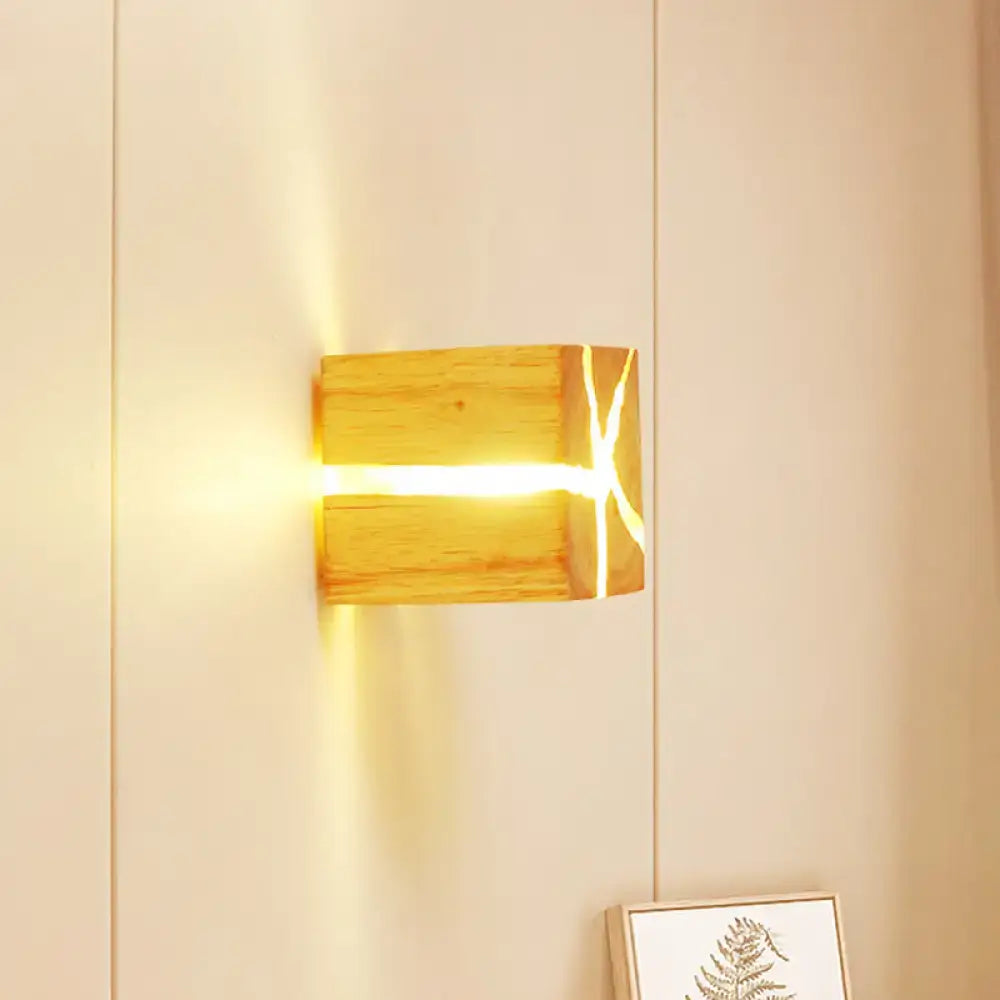 Modern burlywood cube wooden wall light fixture with glowing horizontal light strip suitable for 220v-240v 110v-120v use