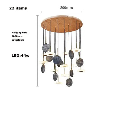 Modern burlywood marble led ceiling chandelier with circular wooden top metal rods and earthy glass shades for living room decorbites burlywood marble