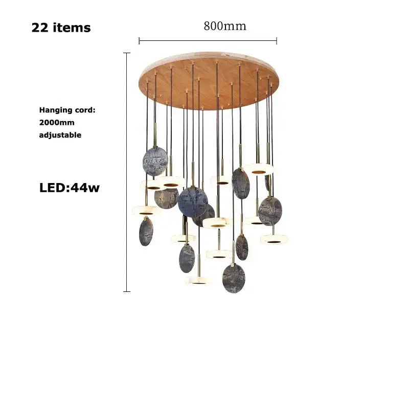 Modern burlywood marble led ceiling chandelier with circular wooden top metal rods and earthy glass shades for living room decorbites burlywood marble