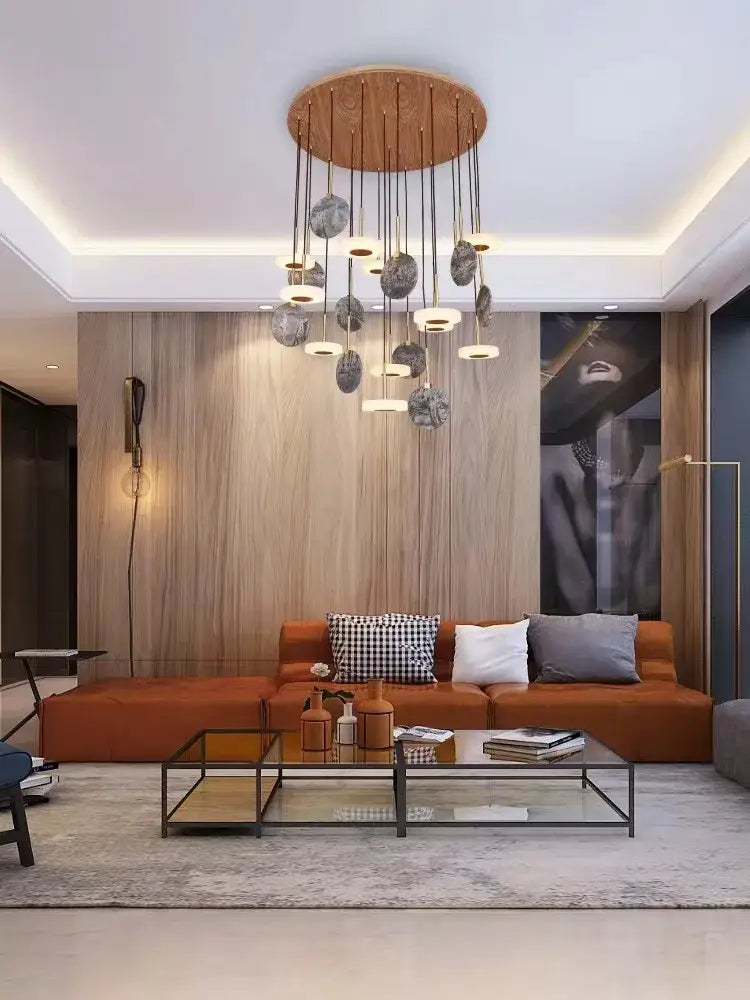 Modern burlywood marble led ceiling chandelier with circular wooden top and stone-like pendants for living room decorbites burlywood marble