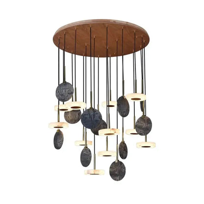 Modern burlywood marble led ceiling chandelier with circular wooden top black cords and dark stone discs for living room decorbites burlywood marble