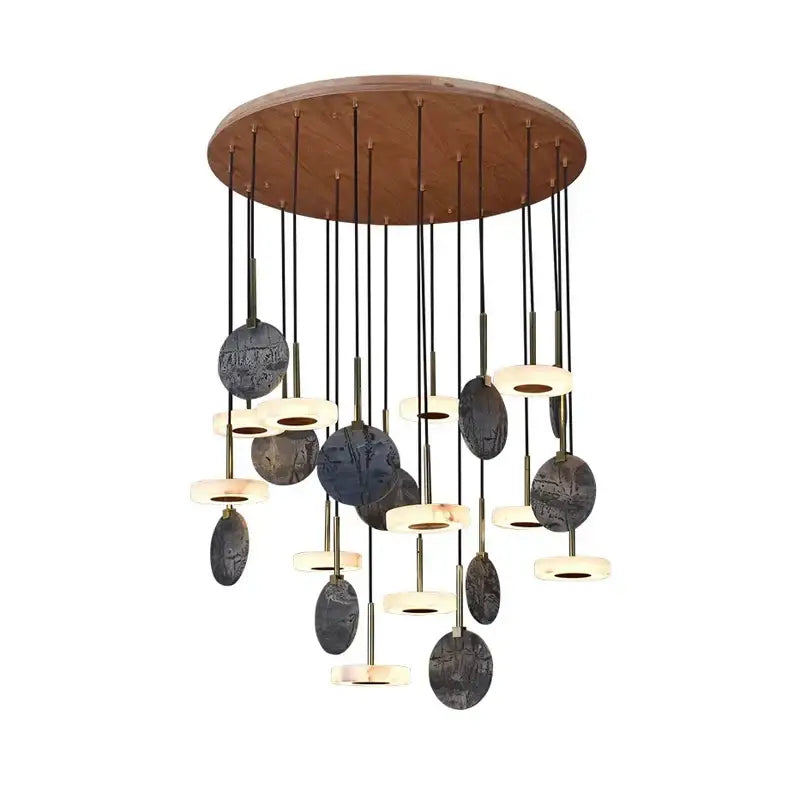Modern burlywood marble led ceiling chandelier with circular wooden top black cords and dark stone discs for living room decorbites burlywood marble