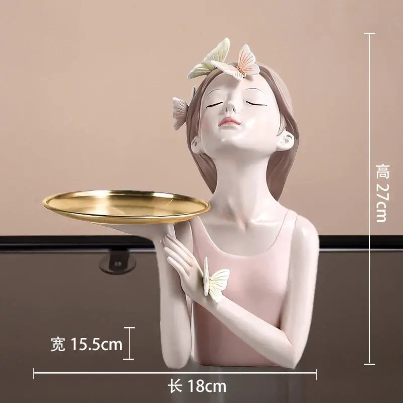 Delicate pink butterfly girl resin sculpture with white and peach butterflies holding golden tray for living room decorbites butterfly girl