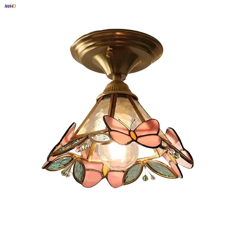 Modern butterfly glass tiffany ceiling light with brass finish and pink butterfly stained glass panels for bedroom decorbites ceiling light